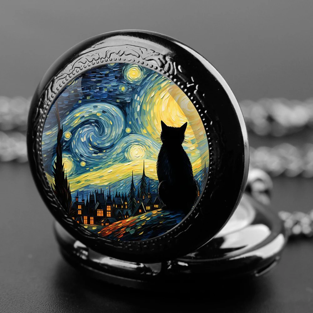 Set Hadiah Jam Saku Kelas Atas Dengan Kotak Desain Seni Kucing Langit Berbintang Van Gogh Kalung Aksesori Jam Untuk Hadiah