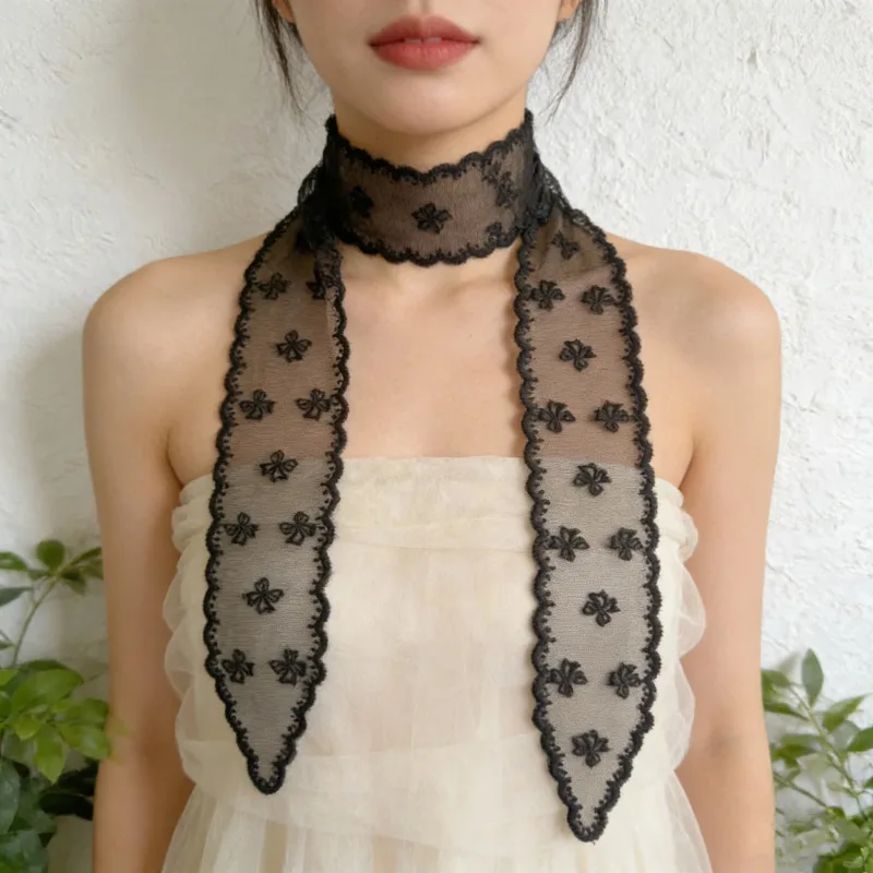 Chic Lace Embroidered Scarf Women 1pc Solid Color Long Thin Decorative Neckerchief Small Silk Scarf for Office Party Travel Gift