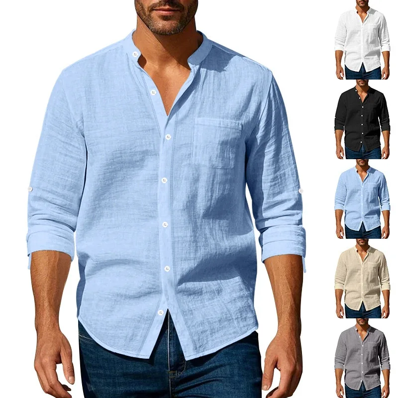 

Linen Long Sleeve Stand Collar Breathable Casual Men's New Chinese Style Pocket Shirt