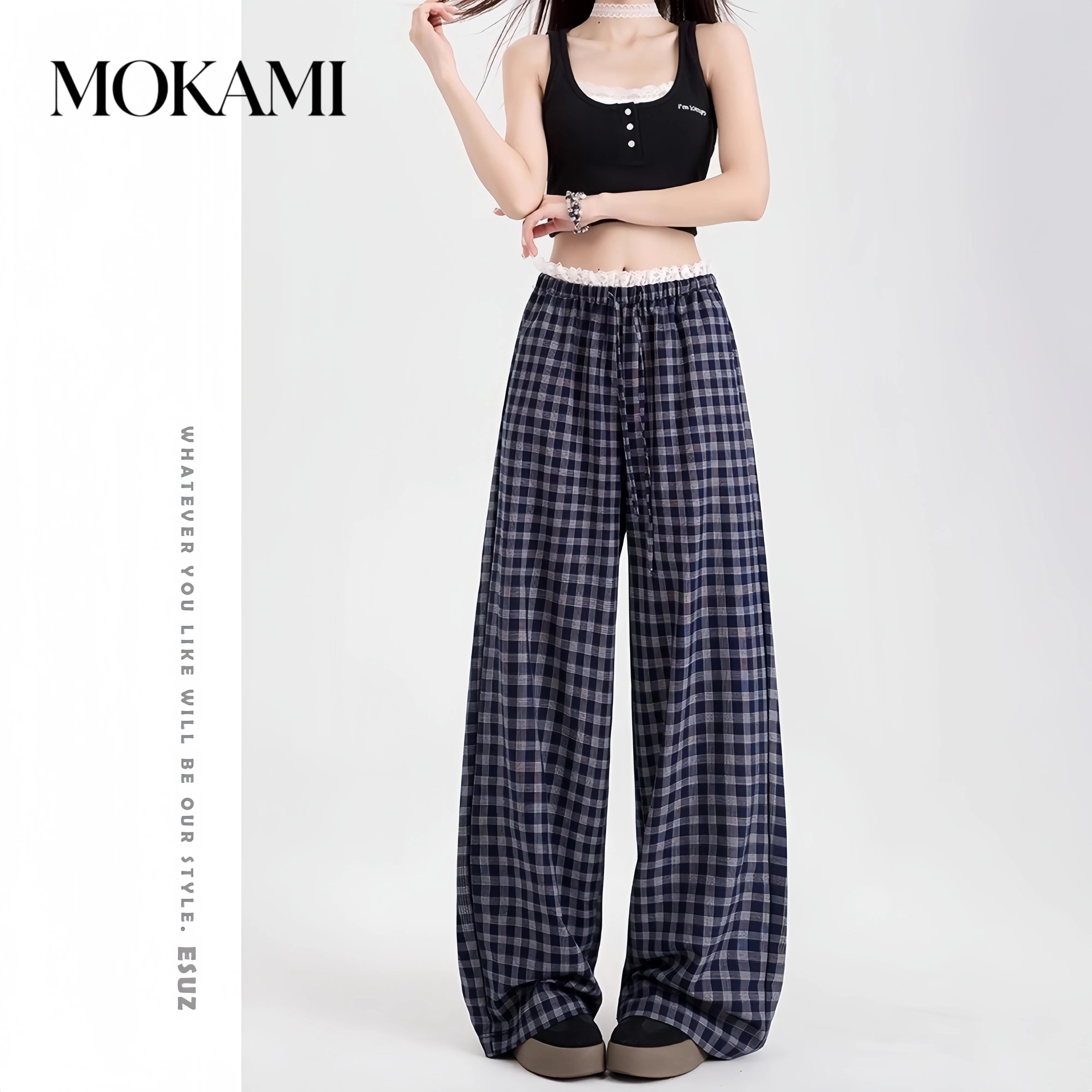 Korean Lace Lace Plaid Spring/Summer Lace Patchwork Plaid Small Height High Waist Hanging Casual Pants for Women