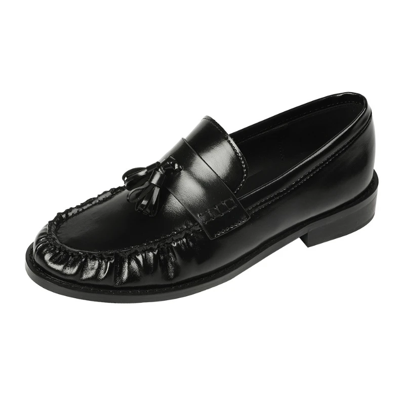 

Black Patent Leather Chunky Heel Loafers Fashion Pleated Fringe Sewing Designer Shoes Comfortable Soft Leather Zapatos De Mujer