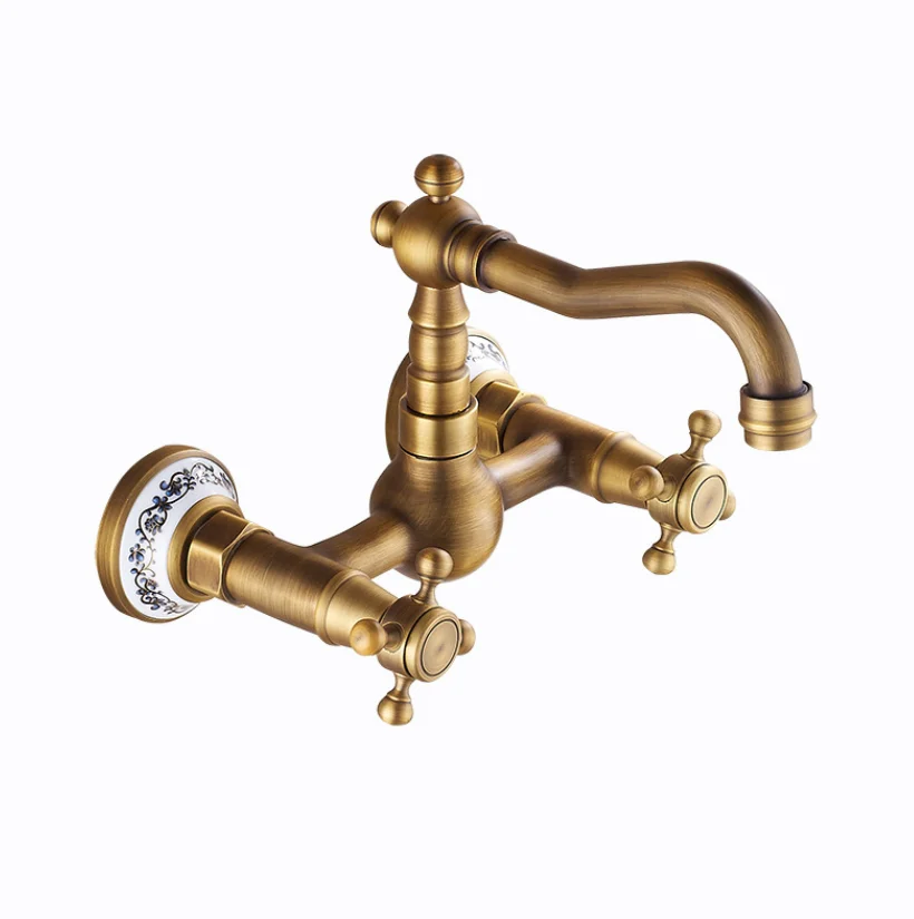 Antique brass ceramic into the wall faucet bathroom washbasin basin wall mount double handle cold and hot water faucet