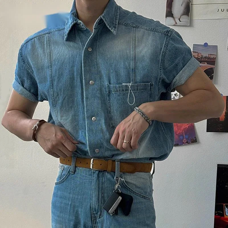 Vintage Men's Shirts Solid Color Washing Turn-down Collar Short Sleeved Solid Color Single Breasted Loose Male Cloth 9W6J5C