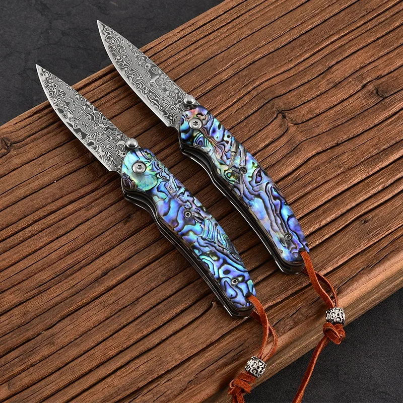 Damascus Steel Colorful Shell Folding Knife Outdoor Knives Mini Folding Knife Carry Camping Defense Knife Fruit Pocket Knife