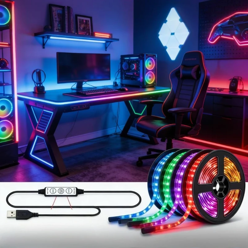TV Backlight Bedroom Decor LED Strip Lights, 12LEDs/m Flexible RGB Ribbon Lights with 3Key Remote, Self-Adhesive Color Changing