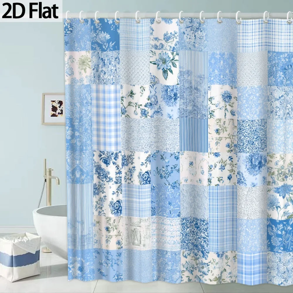 Waterproof Blue Floral Patchwork Shower Curtain Quilt Style Bathroom Decor Curtain 180x180cm Cottage Chic Shower Screen