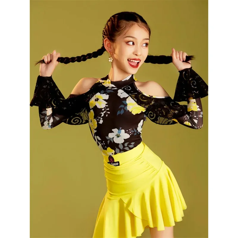 Girls Printing Latin Dance Dress Practice Set Summer Standard Art Test Split Dance Skirt Suit Performance Competition Dance Wear