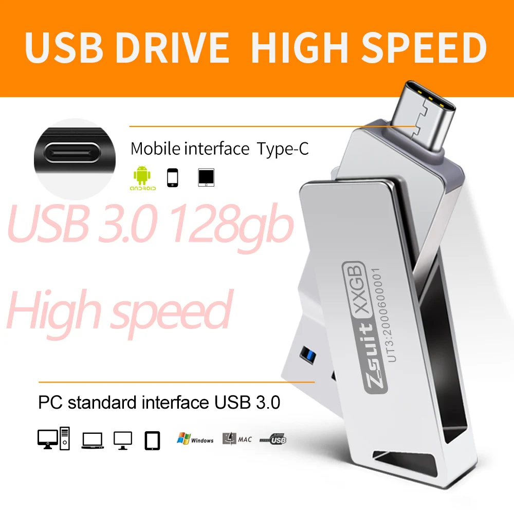 Zsuit USB Flash Drives Rotate USB-C Pendrive 64GB 128GB USB3.0 Type-C Pen Drives 2in 1 U Disk for iPhone Laptops Memory Stick