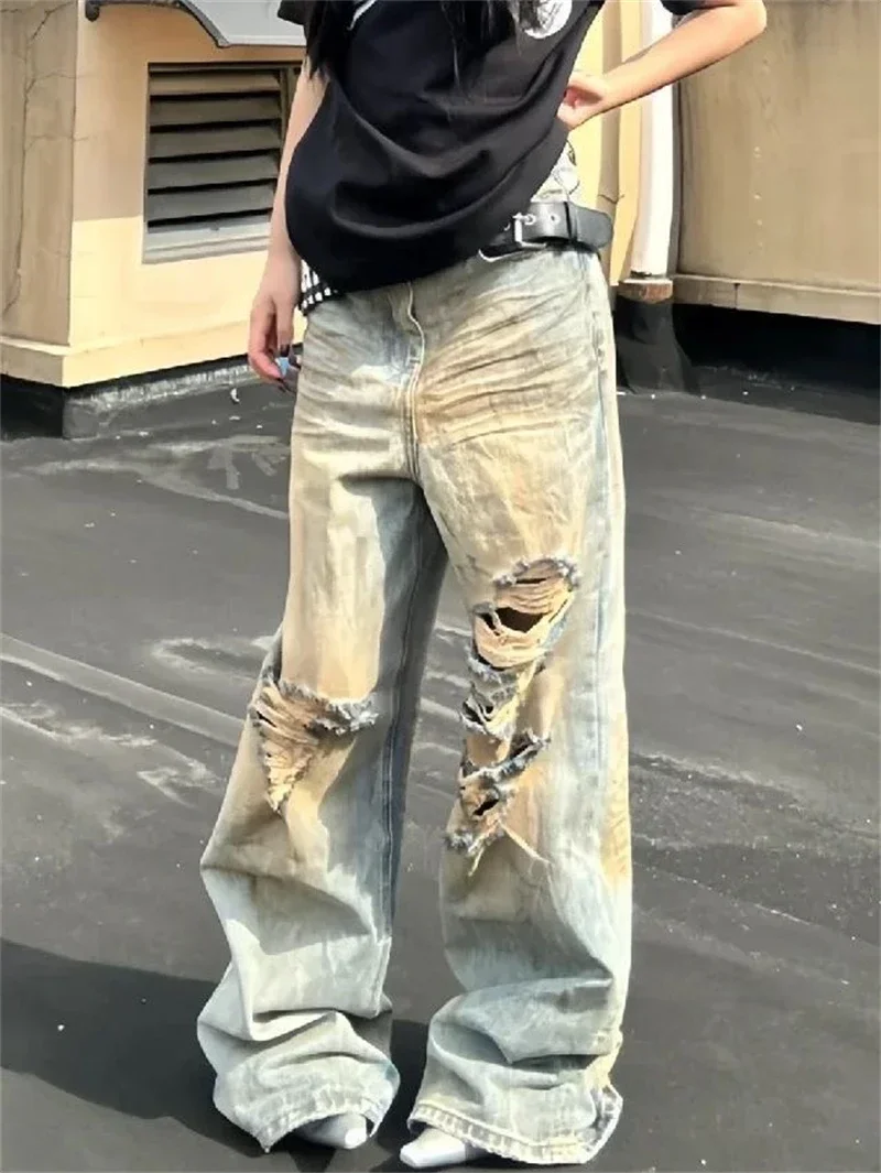 Streetwear Baggy Ripped กางเกงยีนส์ผู้หญิง Harajuku 90s Aesthetic Denim กางเกง Y2k Vintage Jean Cargo กางเกงขากว้าง Pantalones
