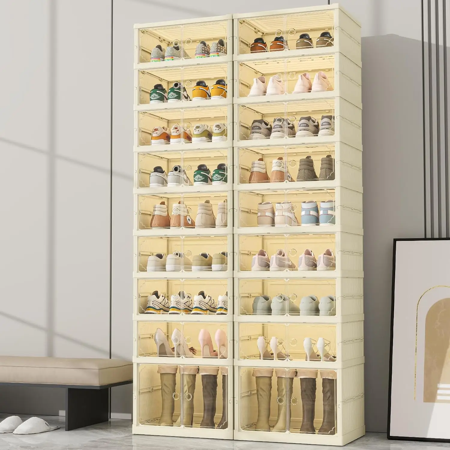 

9 Tiers Foldable Shoe Rack Organizer for Closet with Wheels, 36Pairs Plastic Collapsible Shoe Shelf for Front Door, Customized