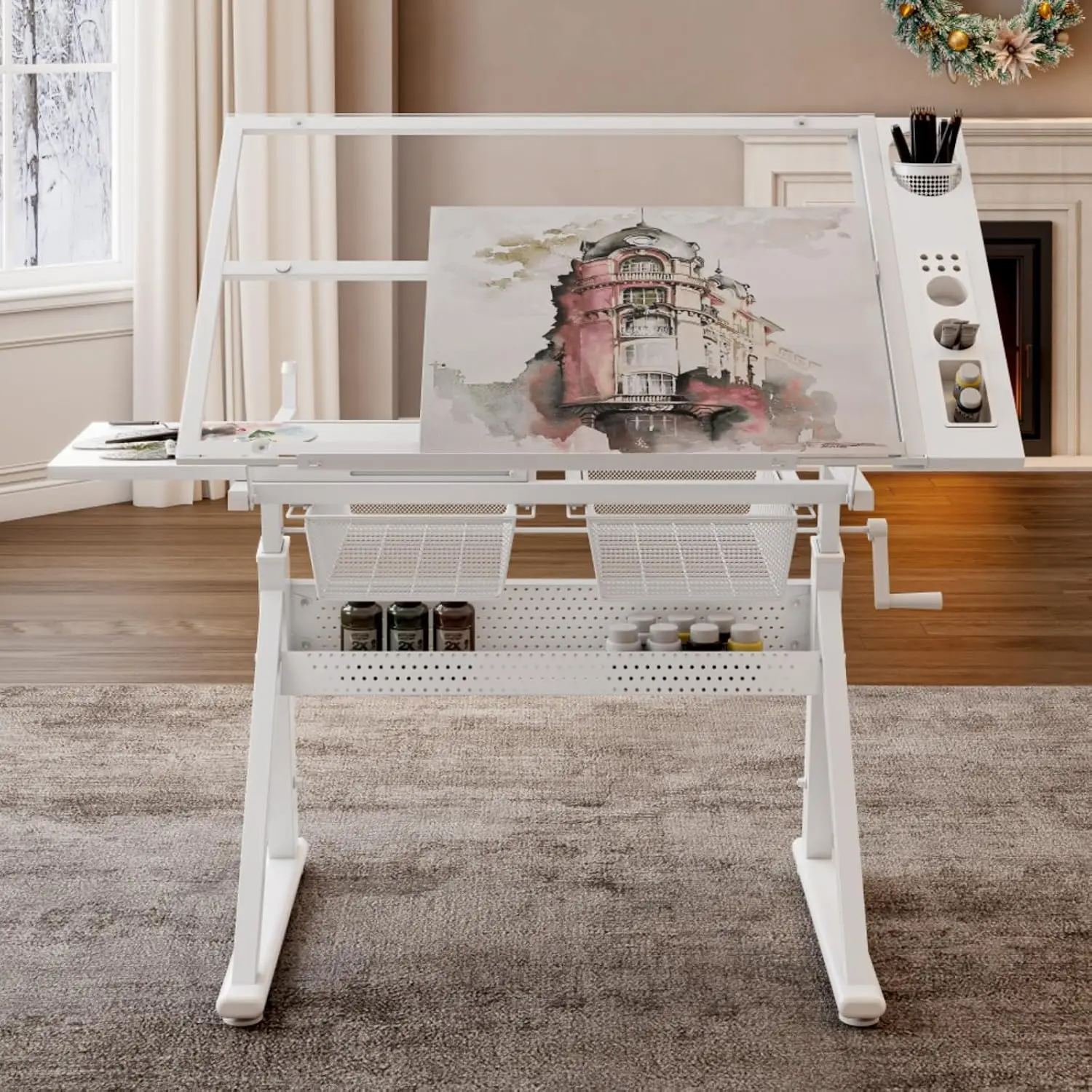 Hand Crank Adjustable Glass Drafting Table with Chair & Storage for Living Room, Custom