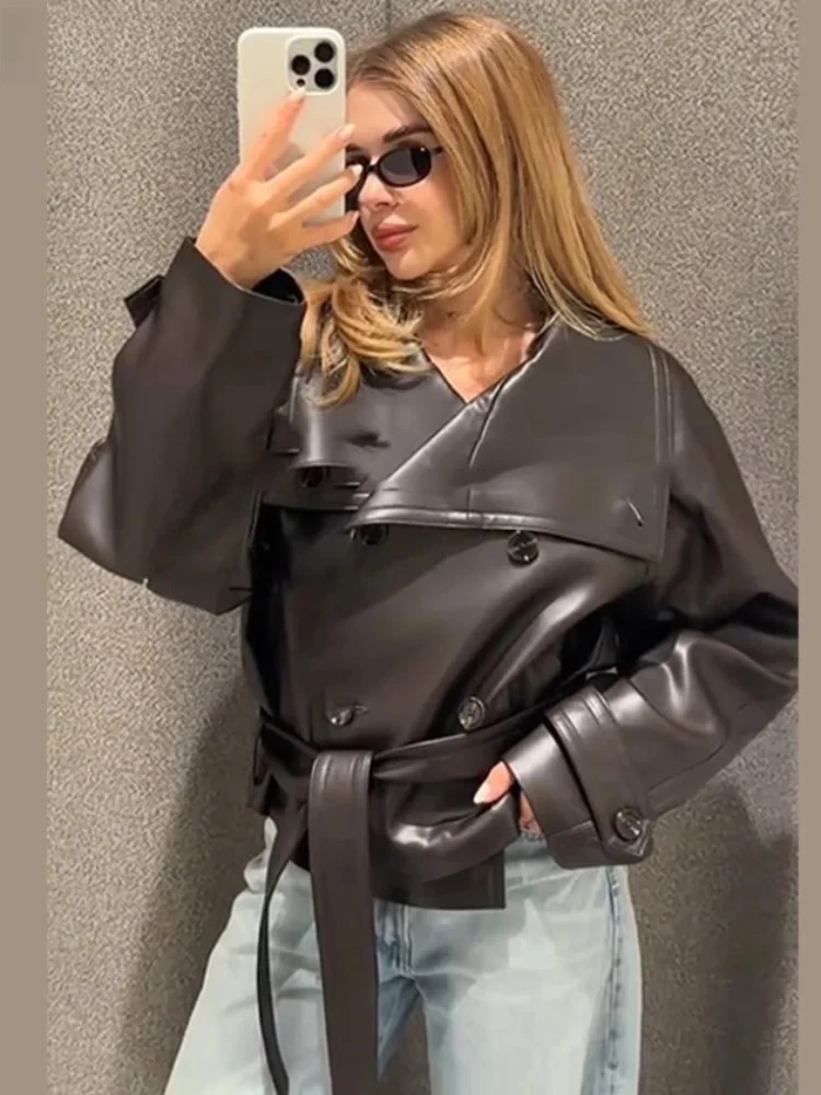 

Уличные женские укороченные кожаные куртки с поясом и лацканами, двубортные карманы, пальто с длинными рукавами, осень 202, женская винтажная верхняя одежда