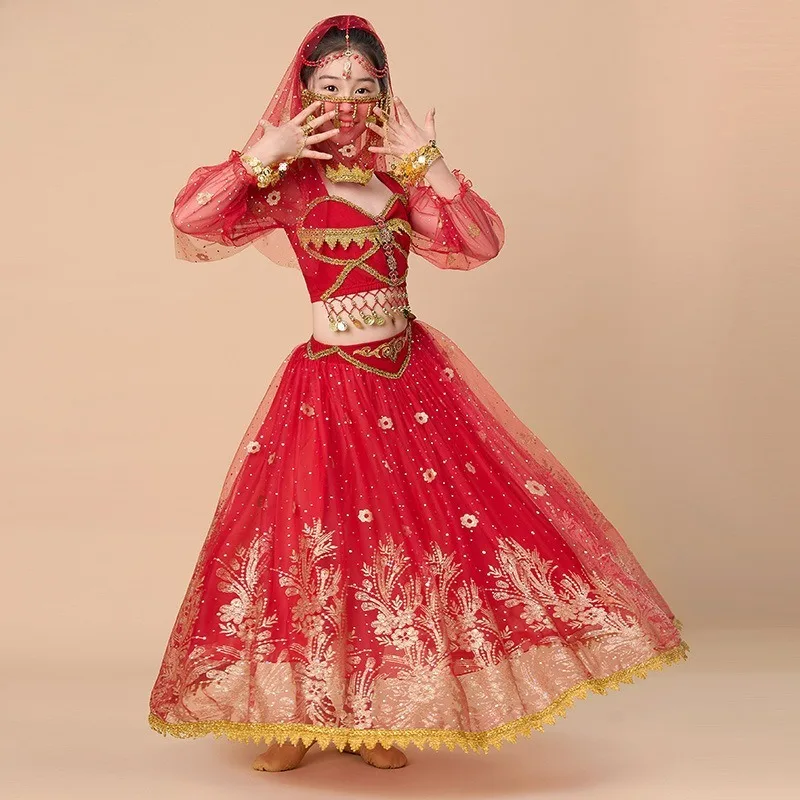Vestido de dança indiana infantil personalizado, vestido de performance para meninas, roupas de dança do ventre, conjunto de vestido de princesa jasmim exótico