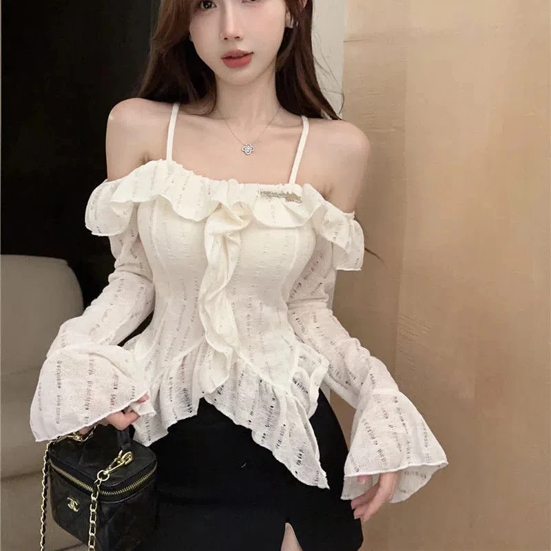 Spring Autumn New Slash Neck Solid Color Long Sleeve Fashion T-Shirts Women High Street Casual Slim Ruffles Pullovers Sexy Tops image 4