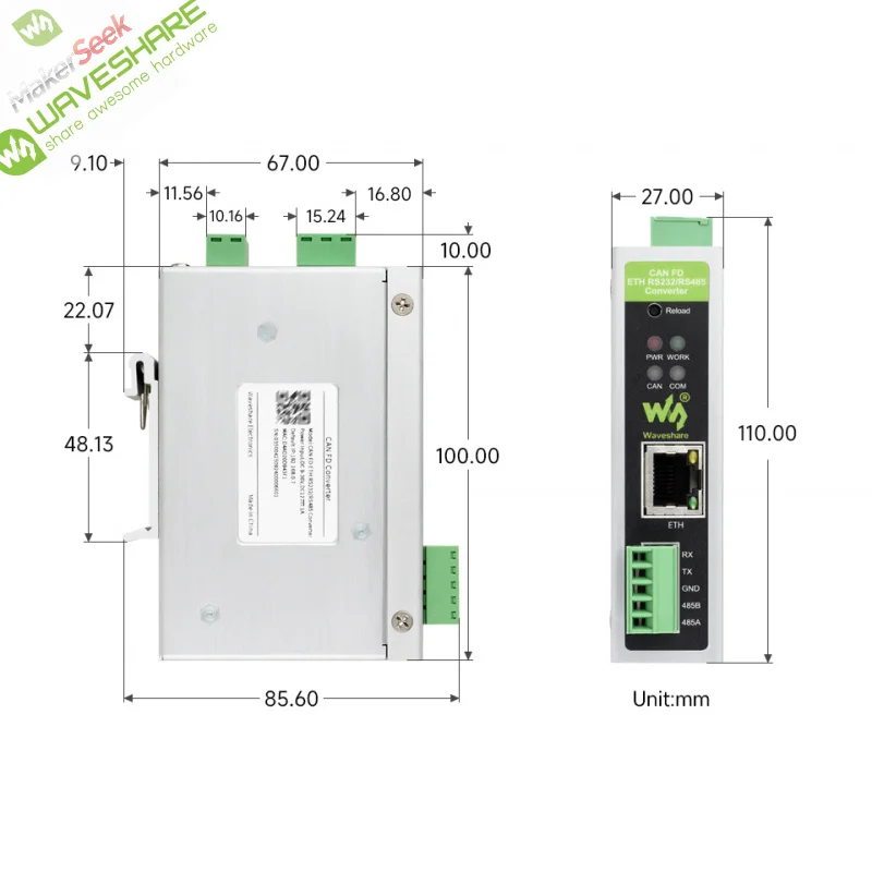 

SKU-32600 Waveshare CAN FD Protocol Converter, To ETH RS232 RS485 Bidirectional Data Communication, Supports 5 Data Conversion M