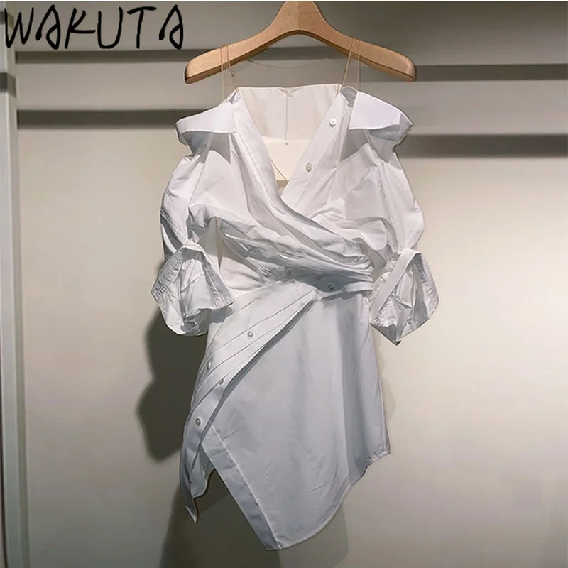 WAKUTA Korean 2024 Irregular Shirt Dress Women Summer Off Shoulder Slim Waist Elegant Mini Dresses Offical Simple Casual Clothes