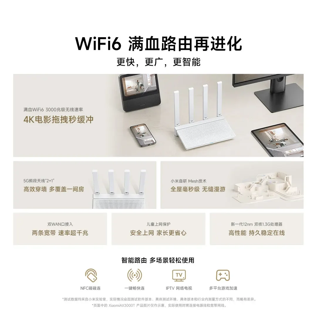 Xiaomi AX3000T Router Wifi 6 2.4GHz 5GHz 1.3GHz 160MHz WAN LAN LED NFC Connection for Home Office Support Mesh Networking