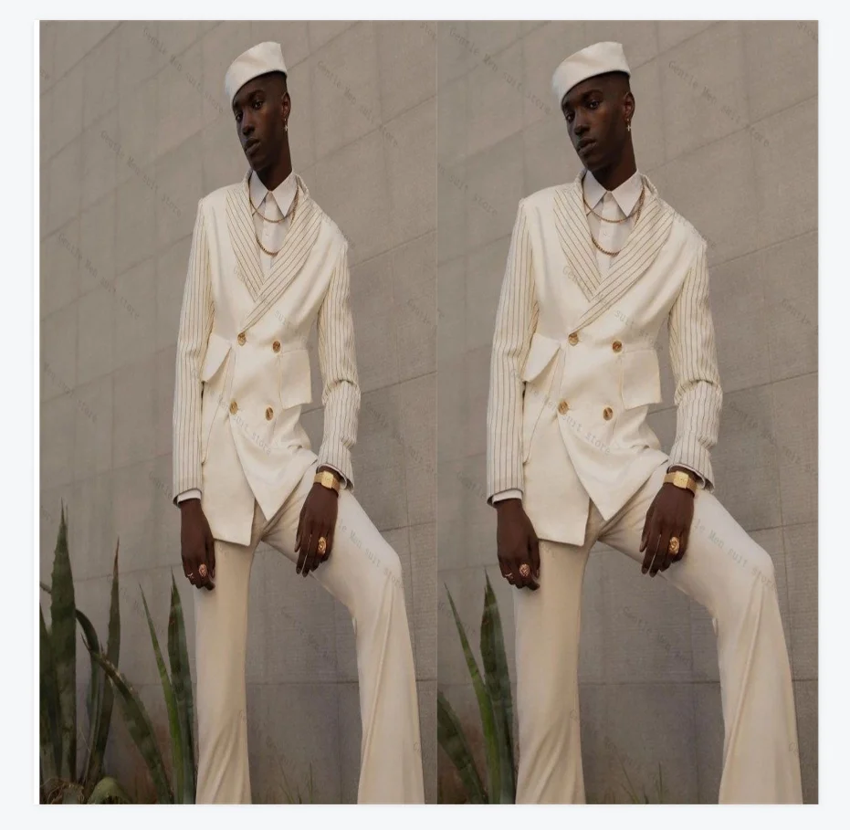 

White Pinstripe Men Suit Set 2 Pcs Blazer+Pants Trousers Splice Groom Wedding Tuxedo Formal Office Jacket Prom Coat Customized