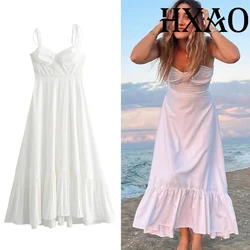 HXAO Slip White Dresses Woman Summer Sleeveless Corset Women's Long Dress Ruffle Pleated Backless Dress Beach Holiday Dresses