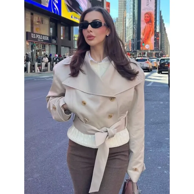 

Осень 202, двубортный женский топ с v-образным вырезом в стиле ретро, свободная куртка с карманами, женский уличный повседневный короткий плащ на шнуровке