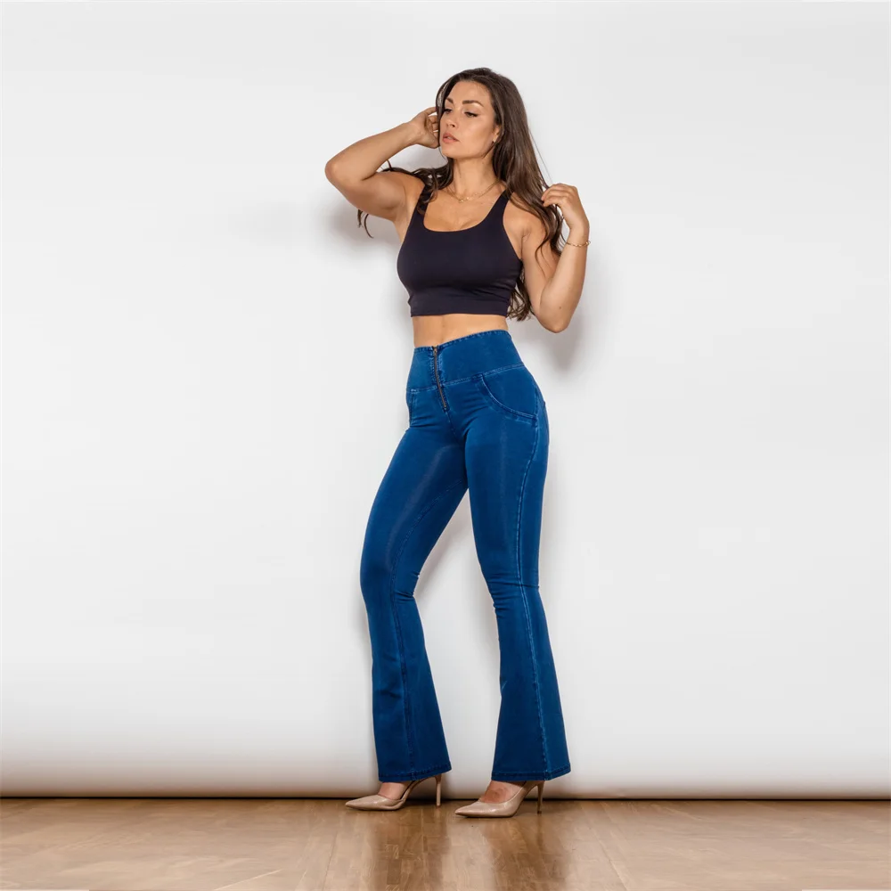 

Shascullfites High Waist Flared Jeans Blue Denim Women's Gym Pants Elastic Push-Up Fitness Jogging Trousers