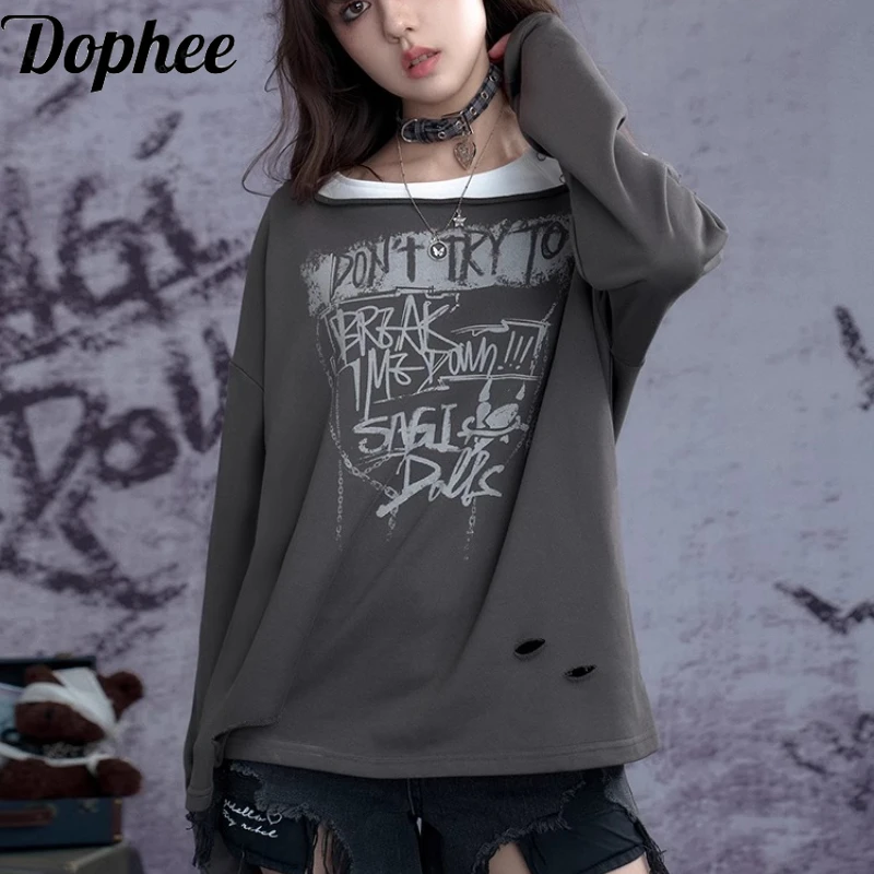 Dophee American Street Vintage Hole Women Sweatshirt Faux Two-piece Long Sleeve Hoodies O-neck Punk Pullover Top Spring Autumn