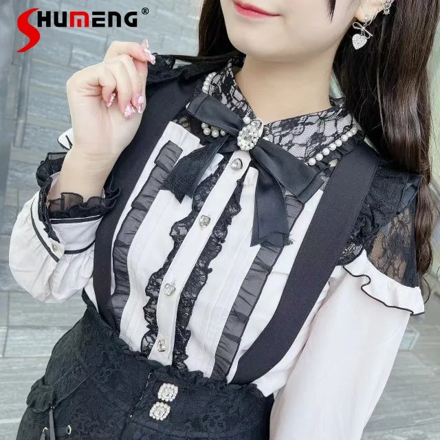 

Japanese Mine Mass-Produced Off-the-Shoulder Blouse Hollow-out Lace Sweet Cute Lolita Tops Girls Slimming Long Sleeve Shirt