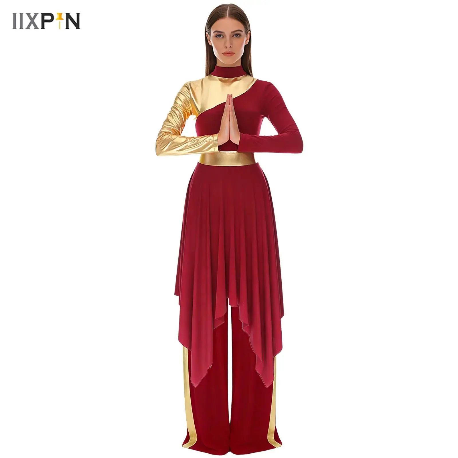 

Adults Church Dresses Womens Lyrical Liturgical Dance Worship Costume Praise Dance Dress + Pants Long Sleeve Choir Dancewear Set