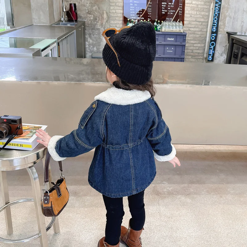 Winter Girls Padded Denim Coats Children Thicken Plush Cowboys Jackets Kids Cotton Clothing Fashion Parka Outerwear 2-8 Years