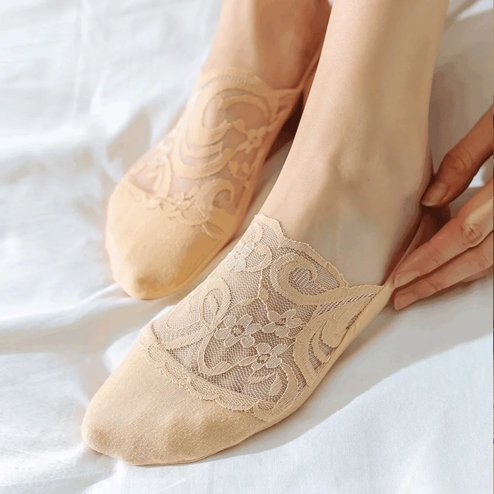 4Pairs Fashion Ultra-Thin Lace Invisible Socks Non-Slip Breathable Boat Socks Low Cut Women Ankle Socks Women's Summer Wear