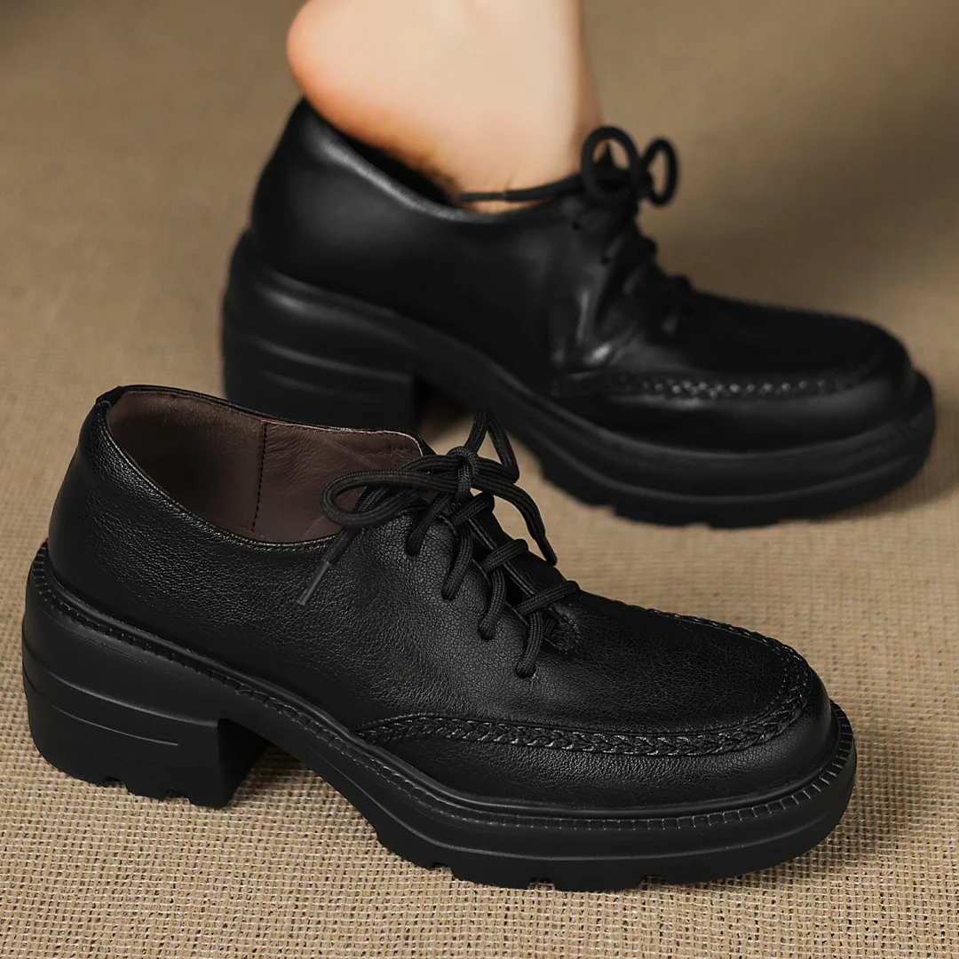 

Women's sheepskin round toe lace-up oxfords high quality soft comfortable casual female 6cm chunky heel platform daily shoes hot