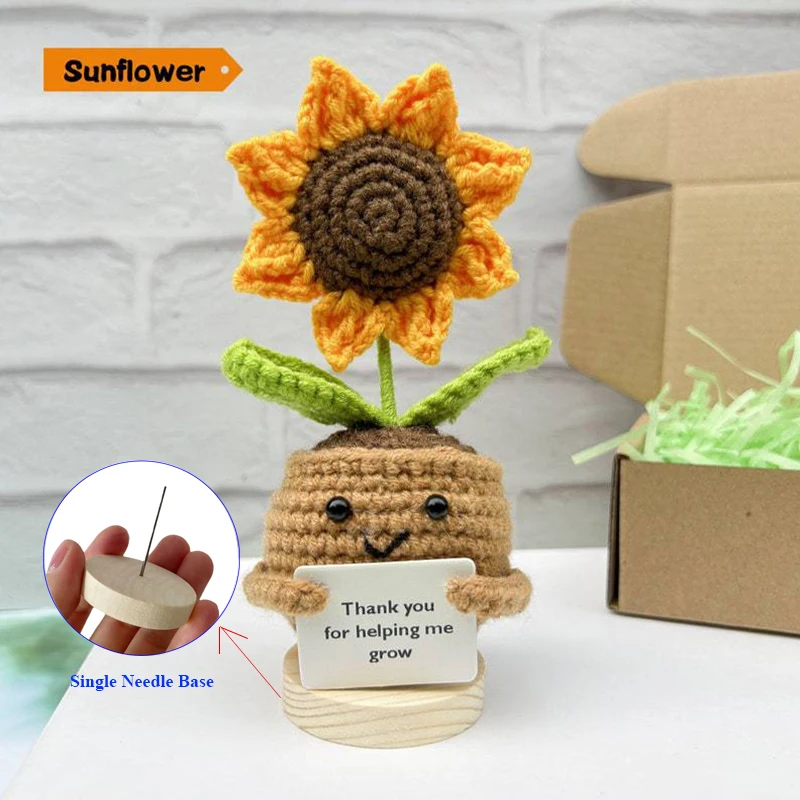 Crochet Flowers Inspirational Words Hand-knitted Sunflower Rose Flowers with Potted Plants Handmade Bouquet Home As Gift