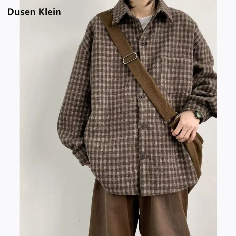 

High Street клетчатая блузка со свободными карманами в стиле пэчворк, весенне-осенняя корейская молодежная рубашка с длинными рукавами, топы, модная повседневная мужская одежда