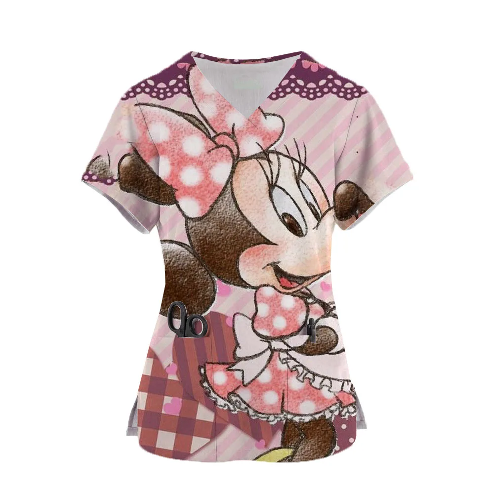 Disney Nurse Uniform Cute Minnie Print Short Sleeve V Neck  Mickey Mouse Workwear Pocket Medical Scrubs Overalls Carer Uniforms