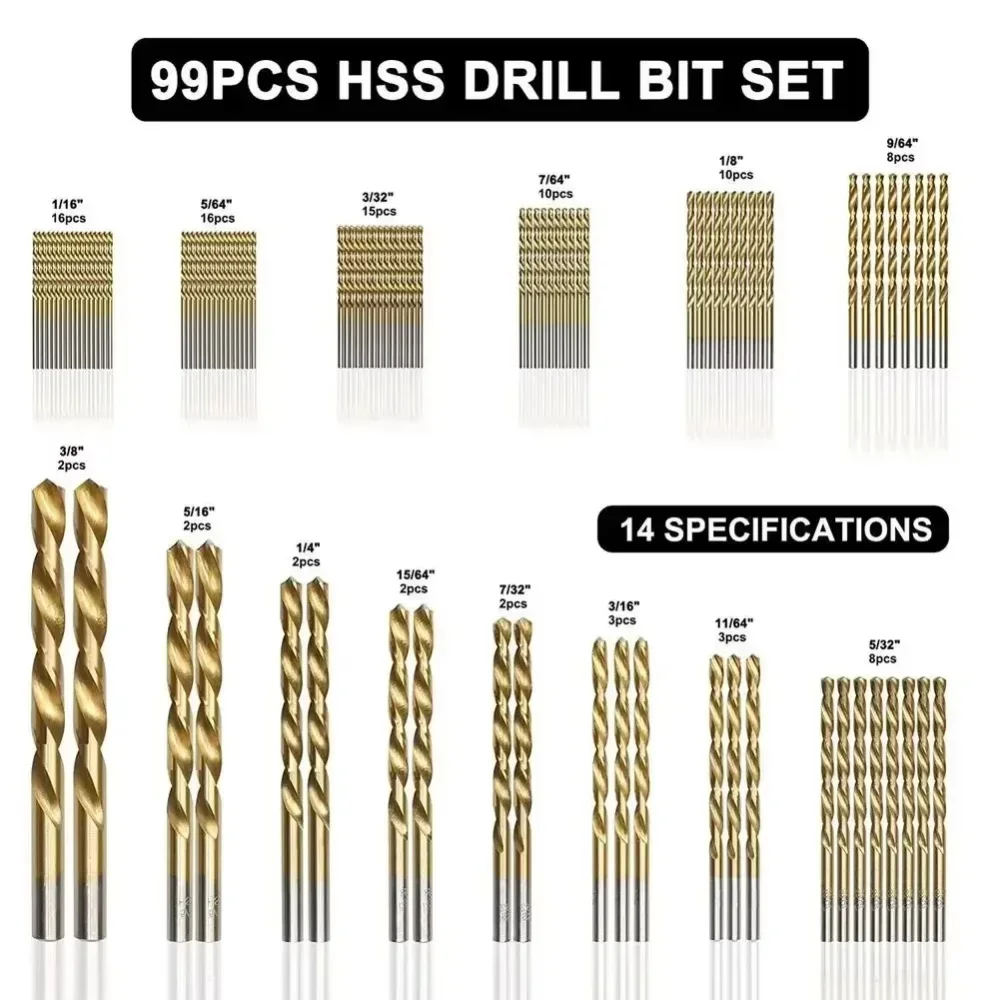 

99pcs Drill Bit 1/4"-1/16" Twist Drill Set Anti-rust Wear Protection High Speed Steel Titanium Coated Drill Bit Landing