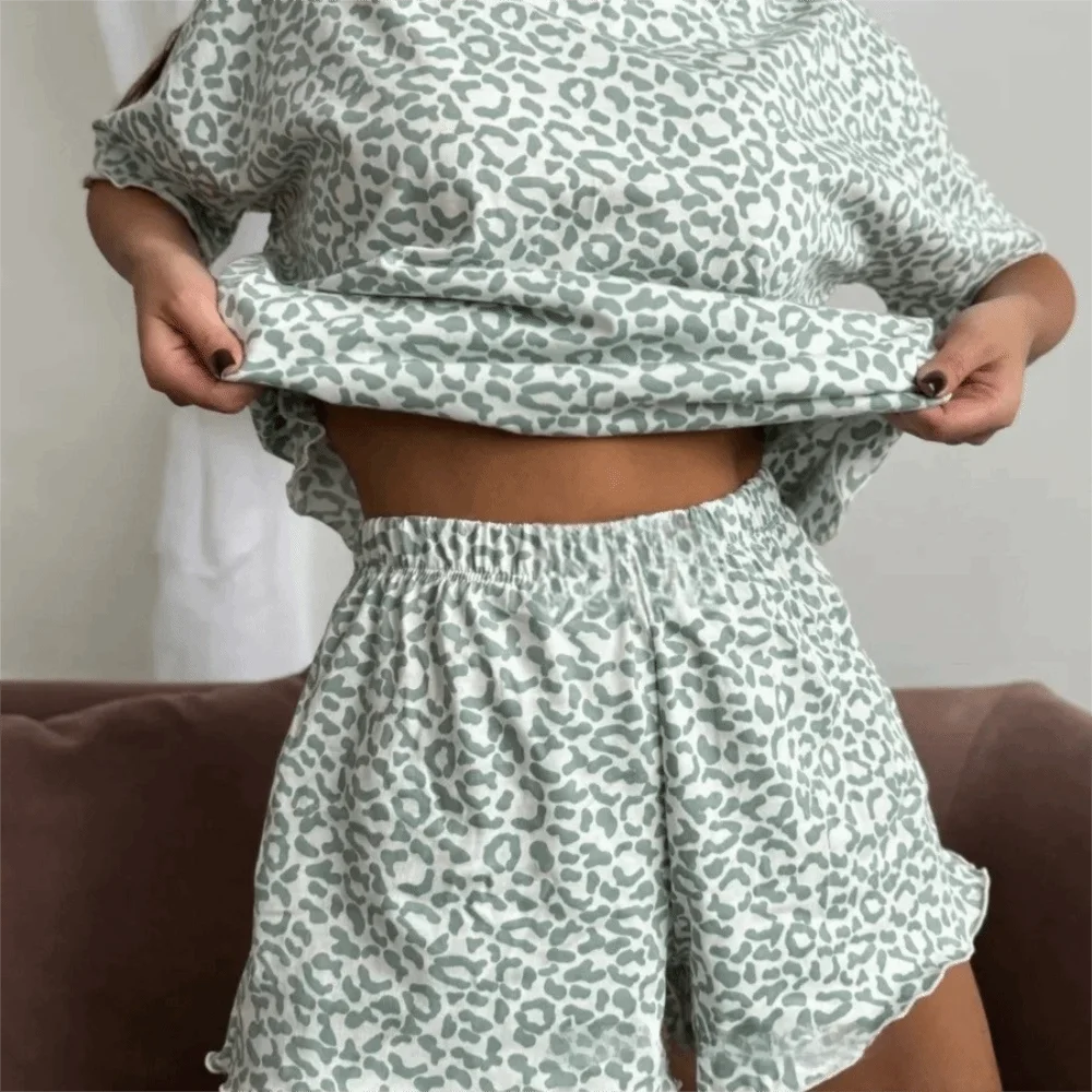 

New Leopard Print Women's Pajama Set Split Shorts Thin Home Clothes Set Short Sleeve Sleepwear Homewear