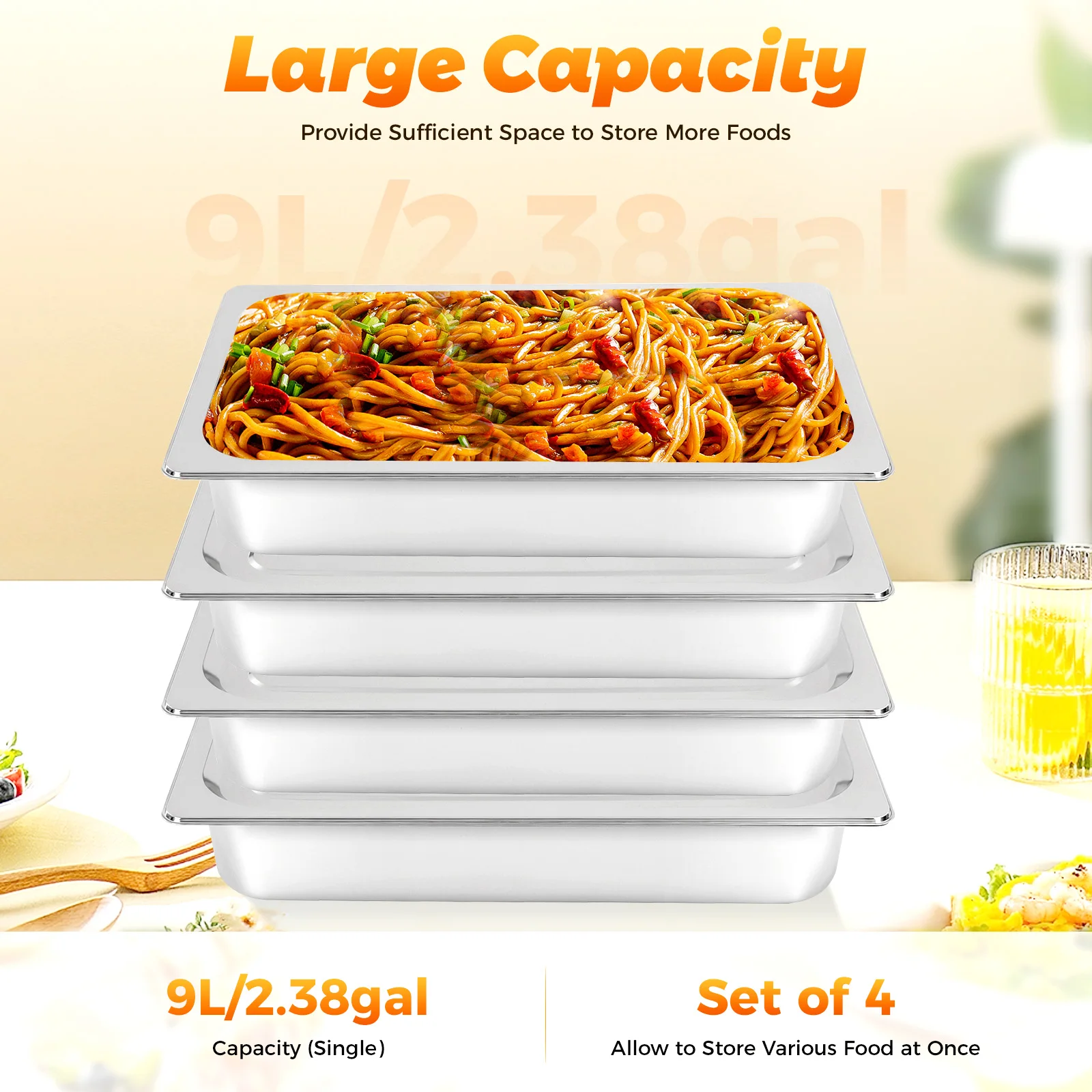 

Steam Table Pan 4-Piece Large-Capacity Steam Table Pan for Home Restaurant Catering Storage