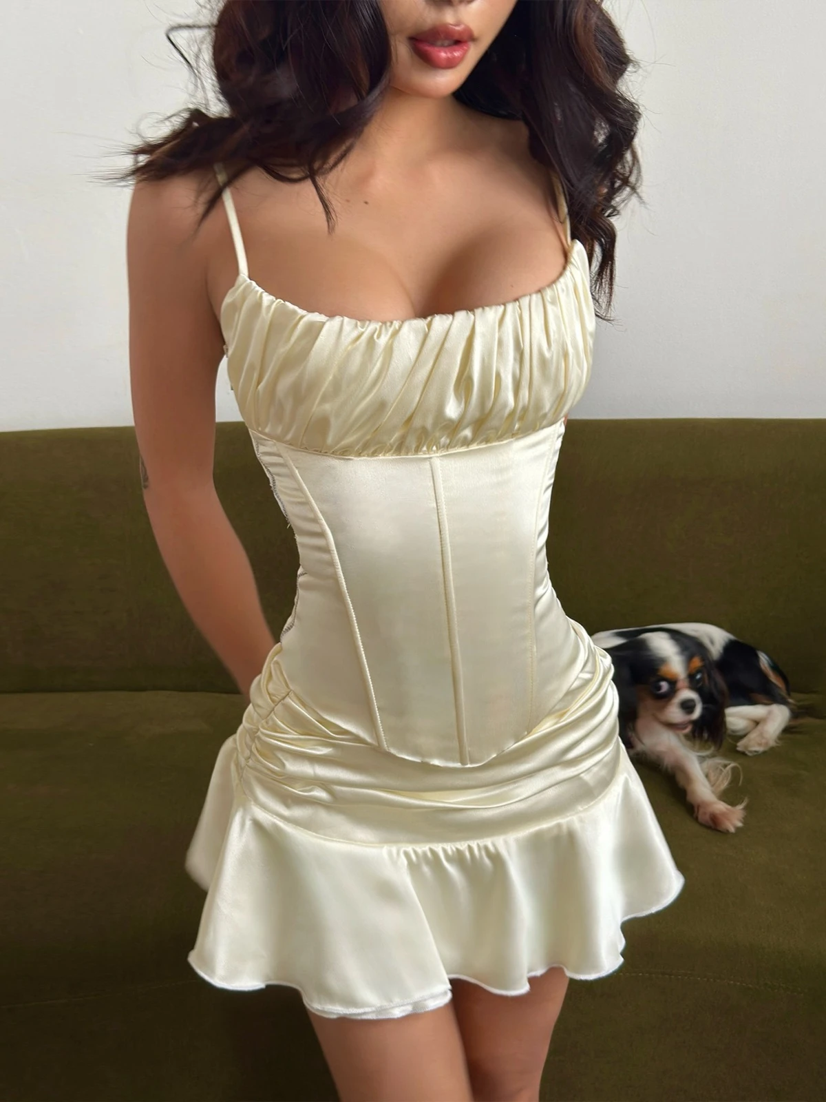 

Foamlina Sexy 2 Piece Set Women Fashion Solid Ruched Lace-up Bandage Crop Cami and Ruffle Hem Mini Skirt Matching Club Outfit