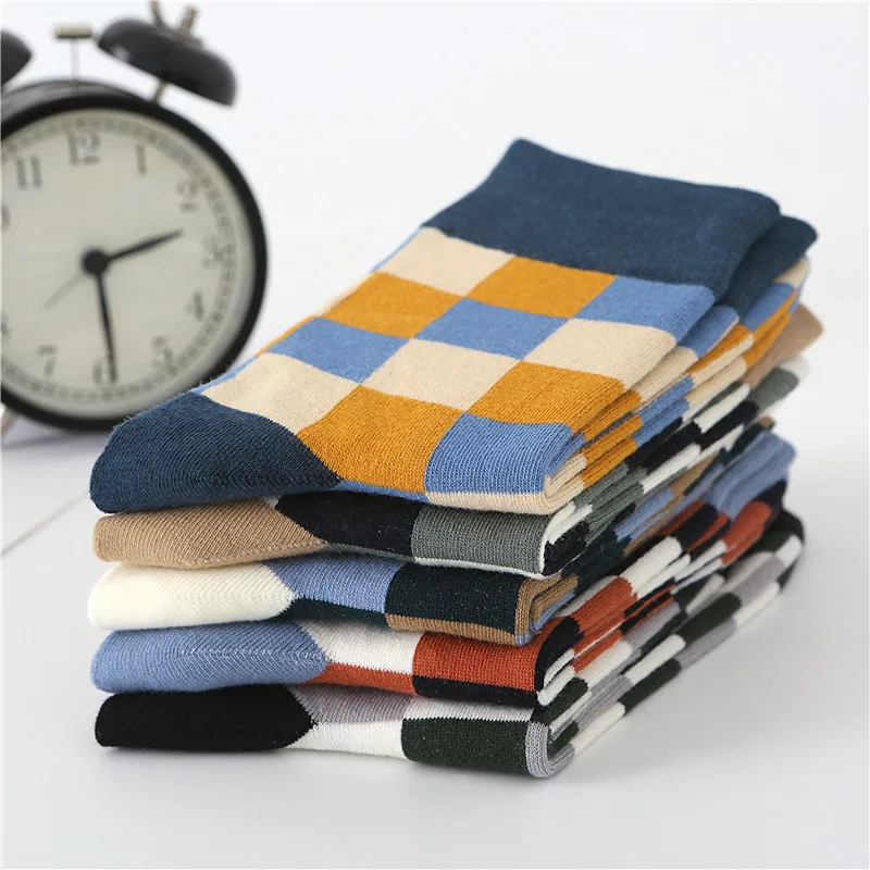 1 Pairs Casual Busines Men's Socks Colorful Grid Combed Cotton Gentleman Socks Men British Style Autumn Winter Warm Socks