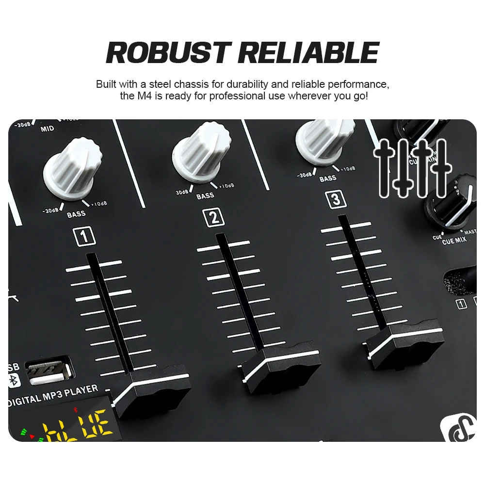 DGNOG M4 USB 3-Kanal-DJ-Kratzmischer mit integriertem Audio-Interface, 3-Band-EQ-Mikrofoneingang und austauschbarem Crossfader