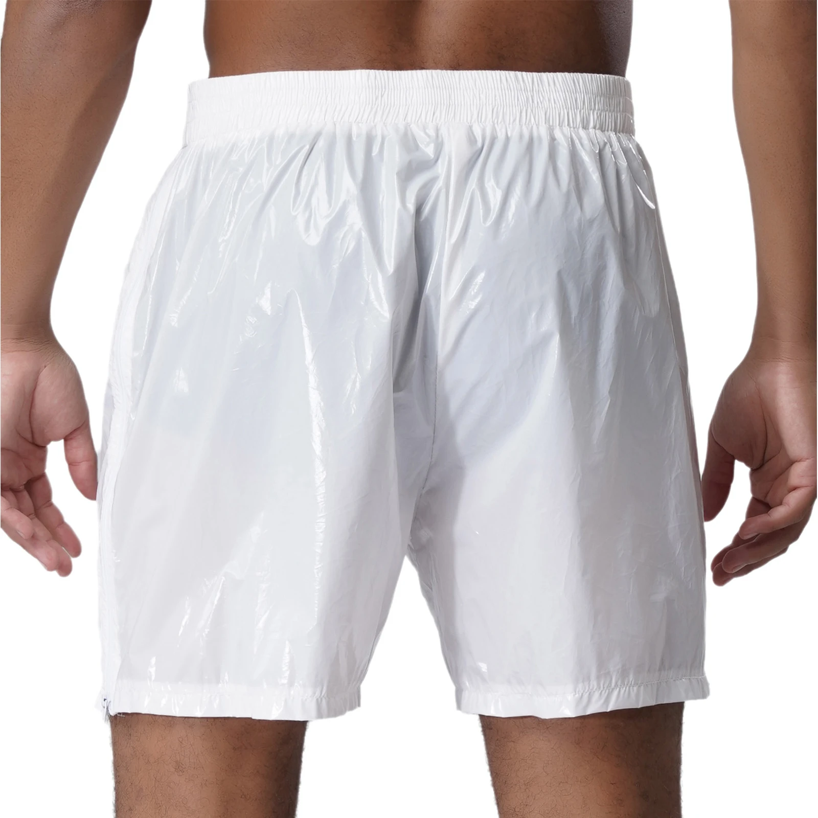ผู้ชายดูเปียกนักมวยกางเกงขาสั้นด้านซิปเอวยางยืดดูเปียกกางเกงขาสั้นชายหาดกางเกงว่ายน้ําไนท์คลับหลวม Fit Party กางเกง