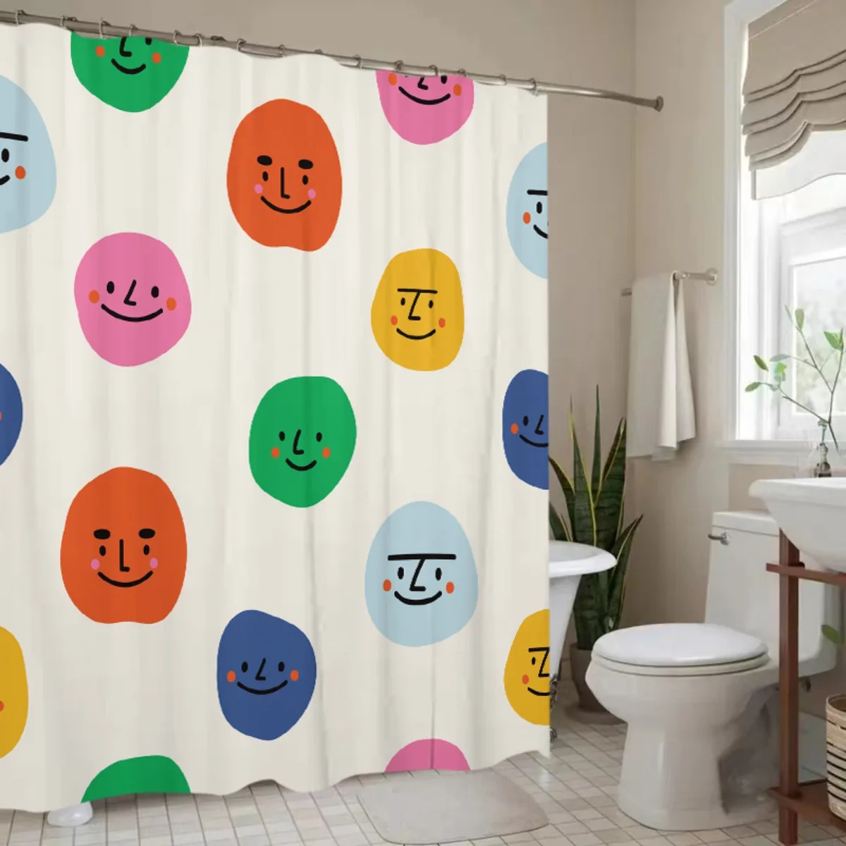 

1pc Colorful Smiling Faces Pattern Shower Curtain - Digital Printed Polyester, Non-Perforated, Machine Washable, White with Play