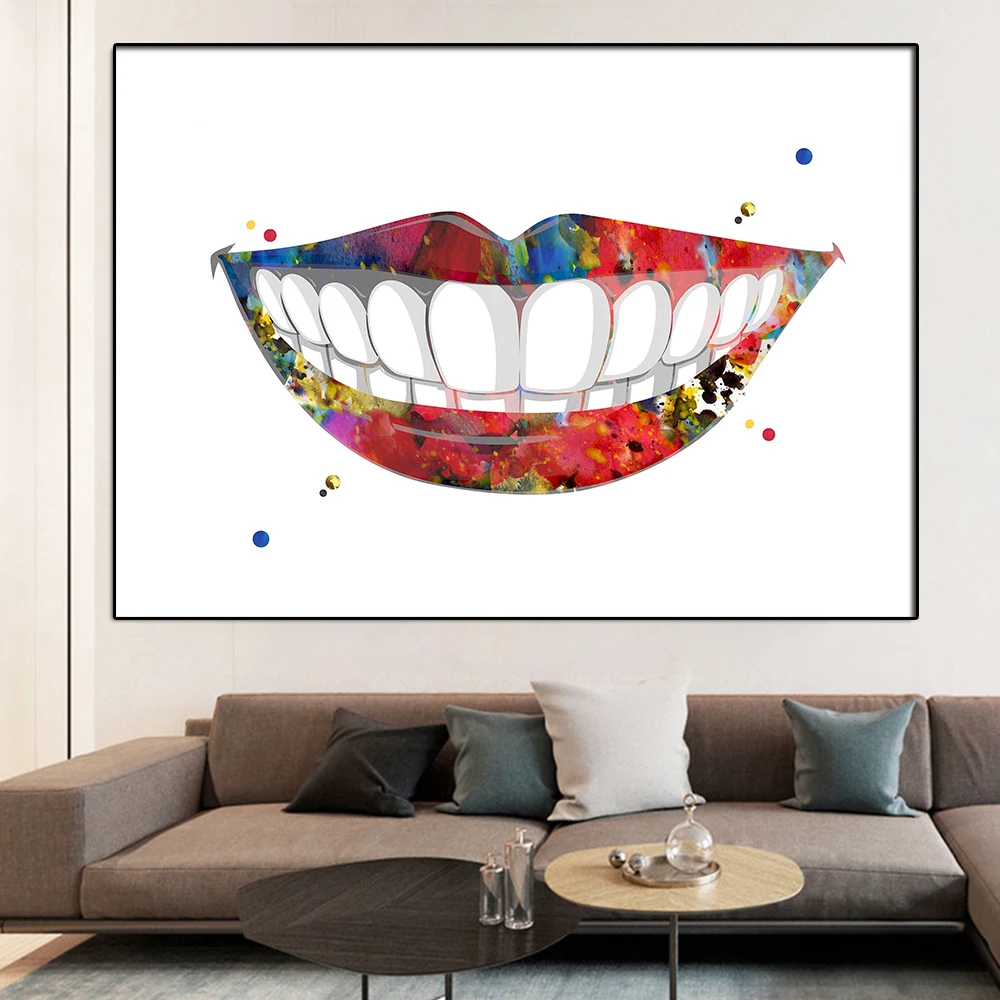 Smiling Mouth Watercolor Poster Dental Care Therapy Retro Canvas Painting Teeth And Lips Vintage Hospital Home Room Decor Gift