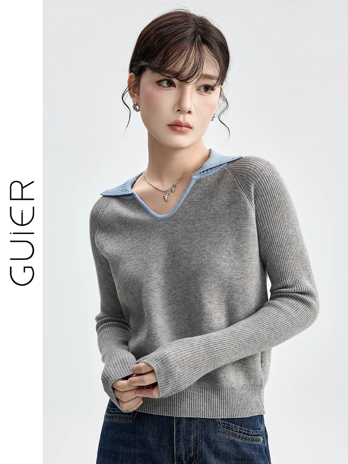 

Guier Color Blo Collar Knitwear Women's Casual Sle Autumn New Arrival Simple Faionable Top Full Sve Overhead Regular...