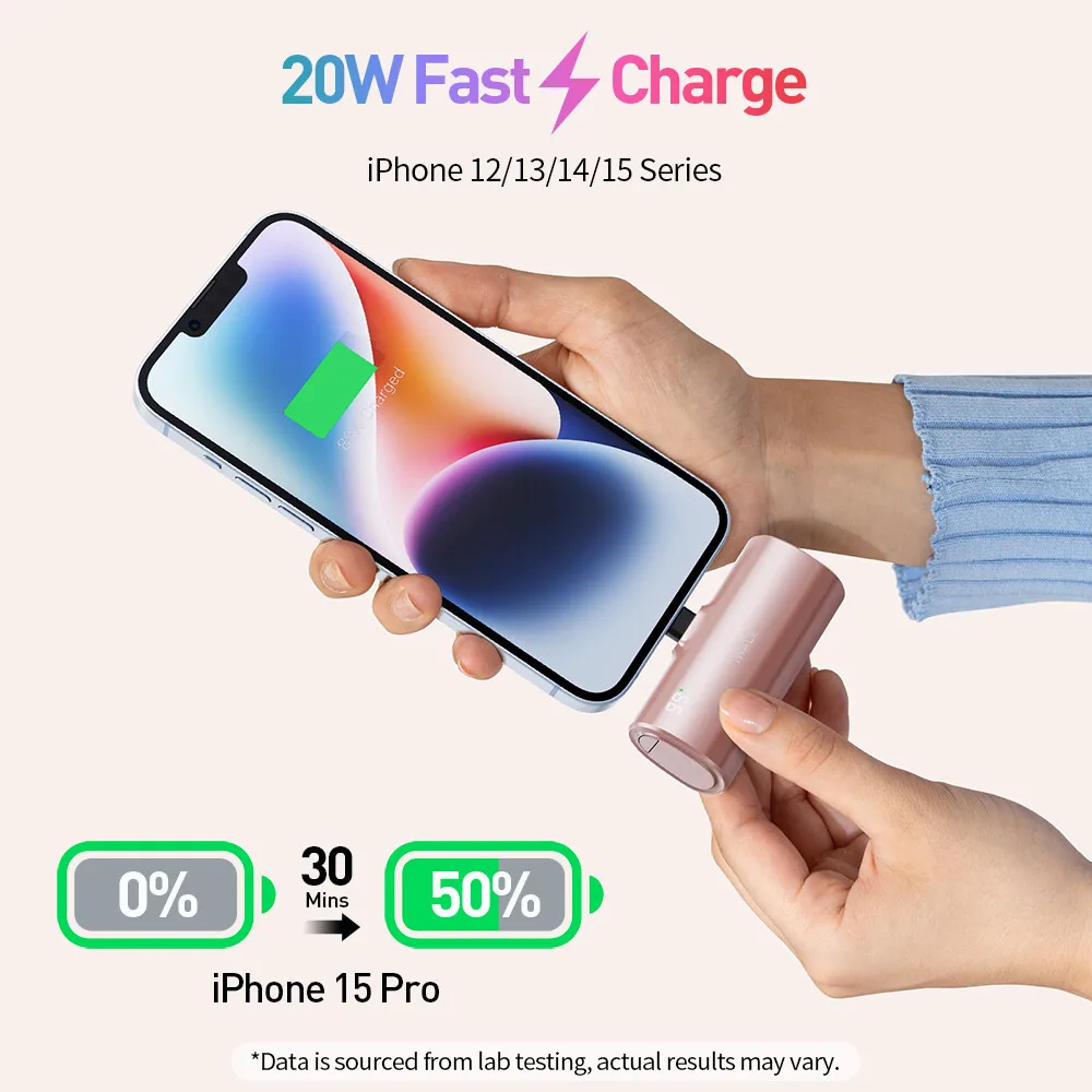 باور بانك صغير iWALK بقدرة 5000 مللي أمبير في الساعة - أحمر شفاه - مقاس، 2 في - 1 للبرق وUSB - C