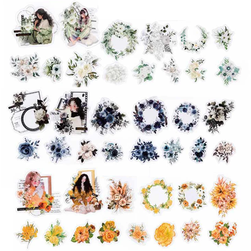 20sheets/bag Floral Theme Matte PET Sticker Pack for Scrapbooking Journaling DIY Photo Frame Collage Decoration