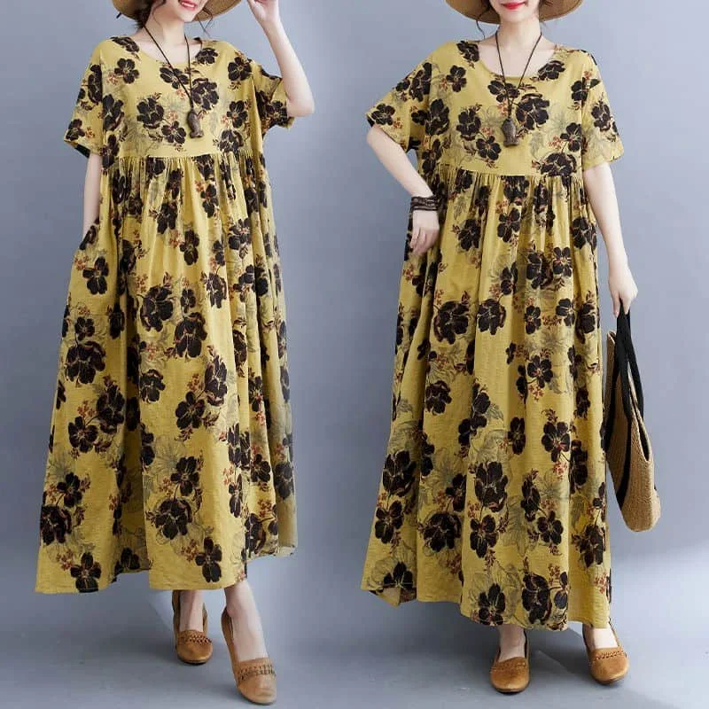 Women Dresses Cotton Linen Oversized Vintage Floral Short Sleeve A-line Loose Korean Style Mid-Calf Dress for Women Clothing