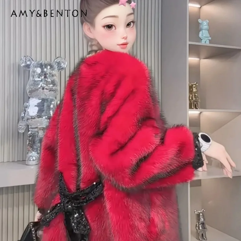 

Winter High-end Red Jaquetas Heavy Industry Sequin Loose Faux Fur Coat Fashion V-neck Premium Furry Coat Warm Comfortable Top