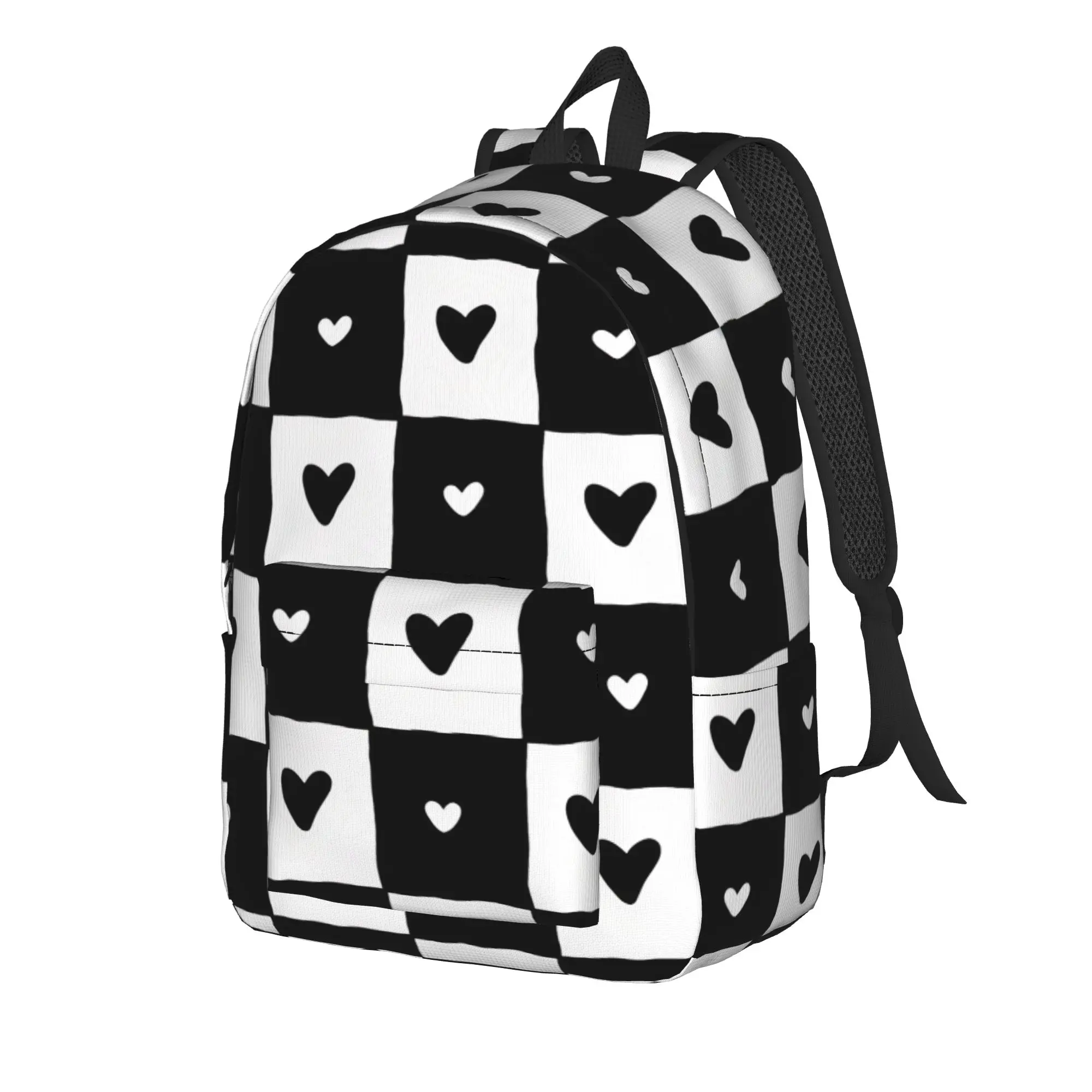 Hand Drawn Doodle Heart Checkerboard Backpack Female  Big Backpacks Polyester Elegant School Bags Travel Colorful Rucksack