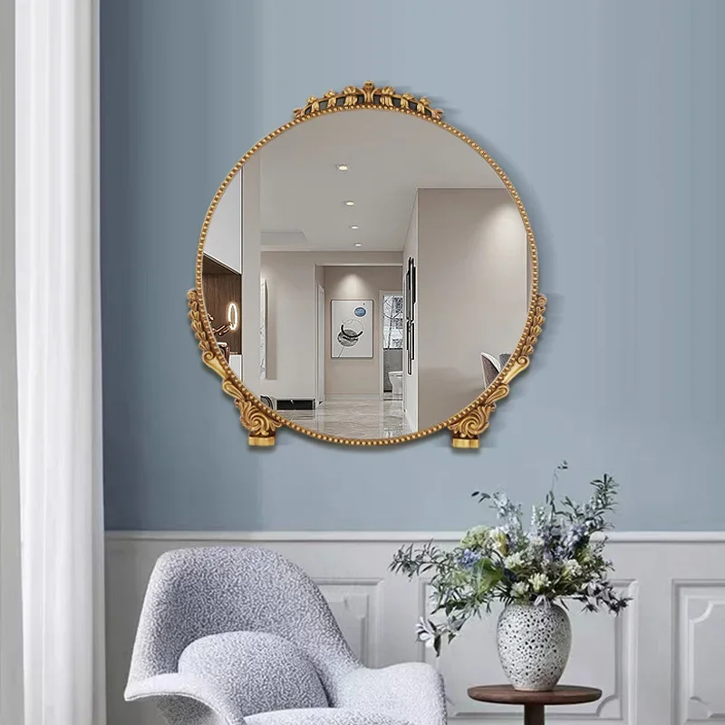 French retro LED bathroom mirror bathroom wall-hung round mirror carved European bathroom mirror porch fireplace decorative mirr